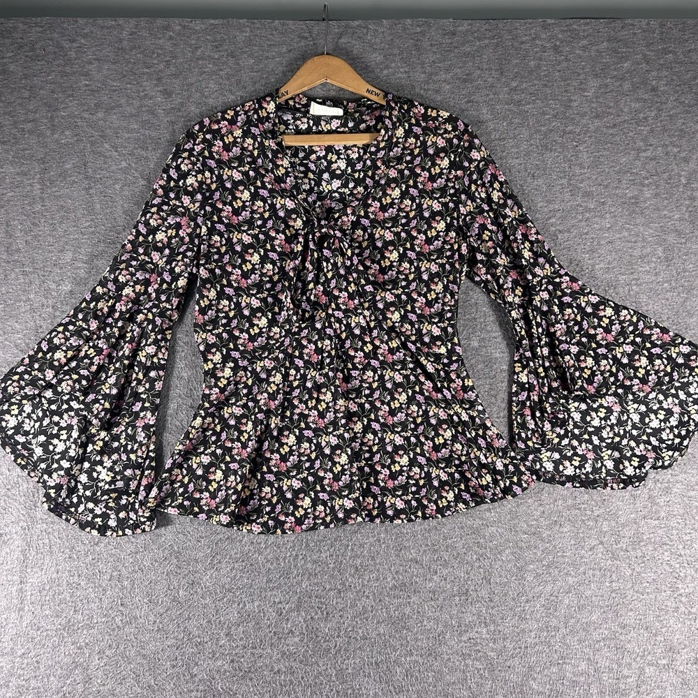 Women's Sheer Mesh Black Ditzy Floral Blouse Top S Flare Sleeves Whimsigoth Tie